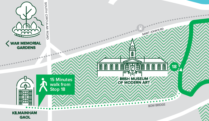 Walking route from DoDublin Stop 18 at Royal Hospital to Kilmainham Gaol
