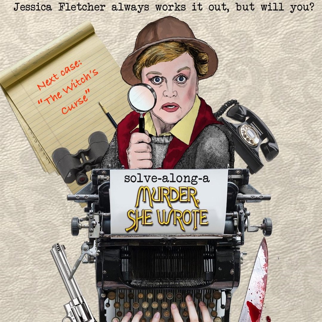 Solve-Along-A-Murder, She Wrote – Jessica Fletcher Always Works It Out Cartoon illustration of Jessica Fletcher investigating a mysterious murder with Halloween and gothic-themed decorations.